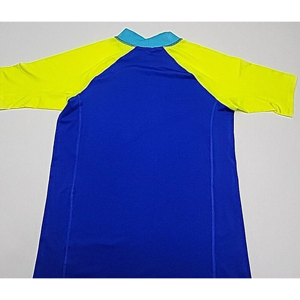 Lands End Rash Guard Swim Shirt Blue Yellow Short Sleeve Boy Youth XL 14-16 Mock
